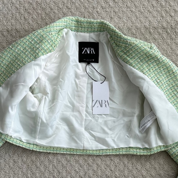 Zara Cropped Tweed Textured Jacket/Blazer Green Small NWT Office Academia Preppy - Picture 11 of 16